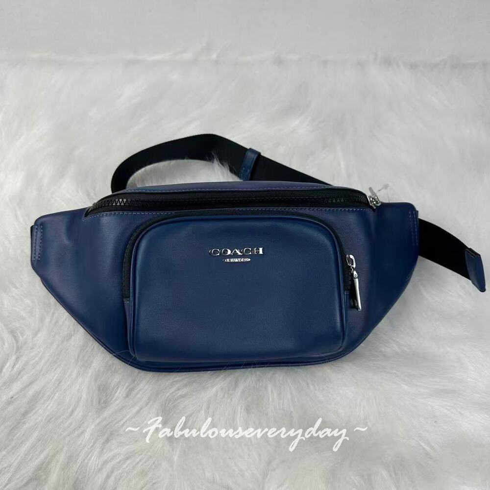 COACH Men's Racer Small Belt Bag In Leather/Silver/Deep Blue CBI47 NWT